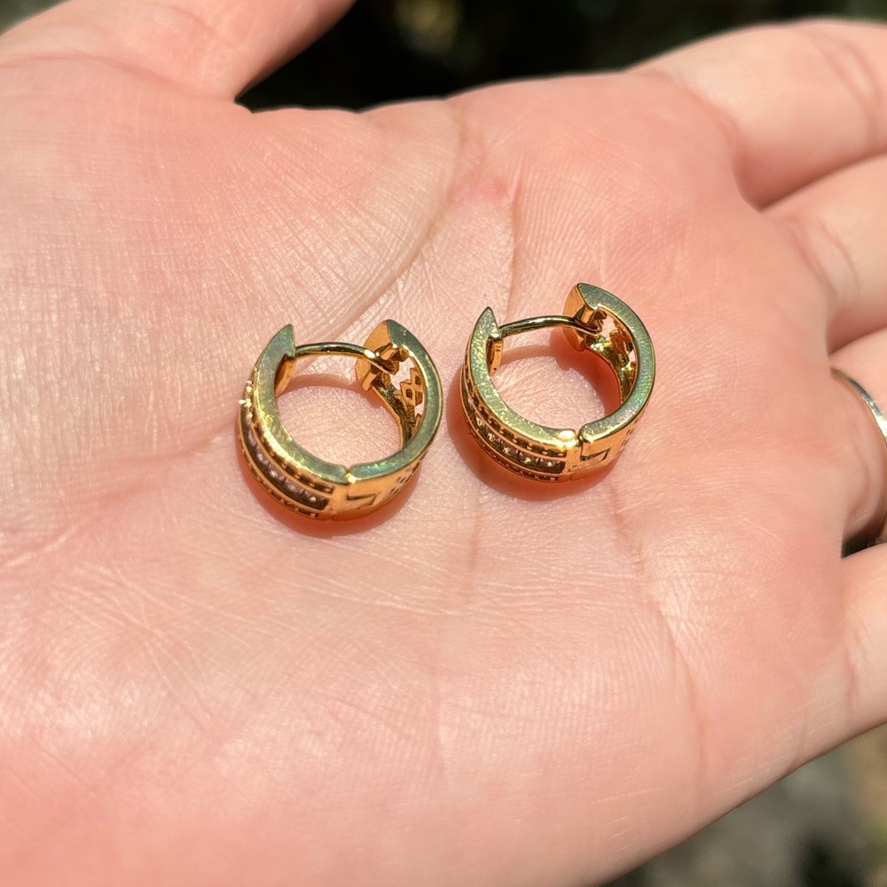 18K Gold Plated Stainless Steel Diamond Hoop Earrings - Picture 6 of 6